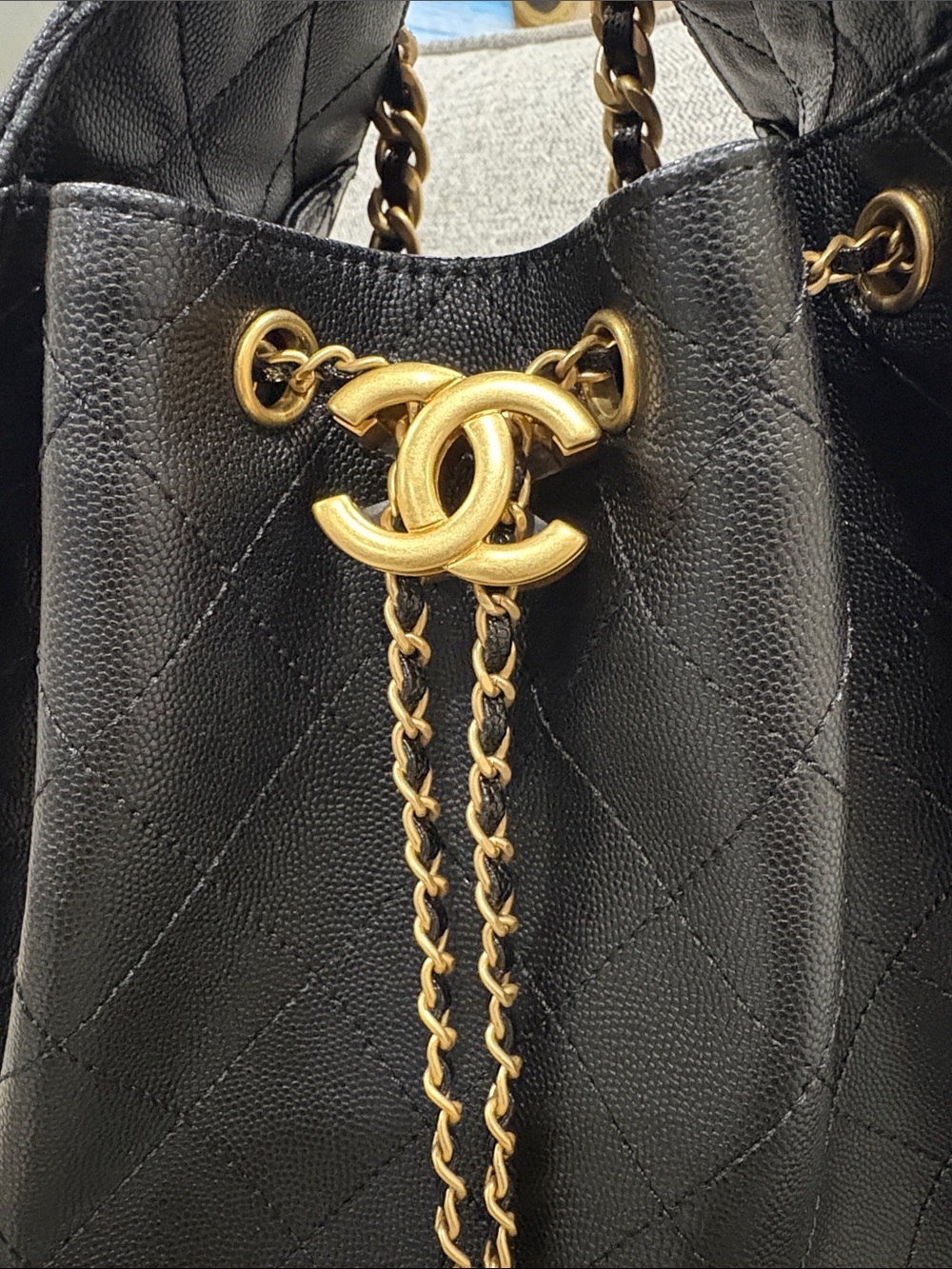Black Quilted Medium 25 Leather Drawstring Tote with Gold CC Chain - Picture 3 of 10
